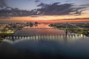 Ambassador Bridge Detroit Skyline Sunrise wall art by Micdesigns Studio
