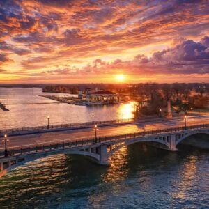 Belle Isle Bridge Sunrise Over Detroit River Fine Art Print