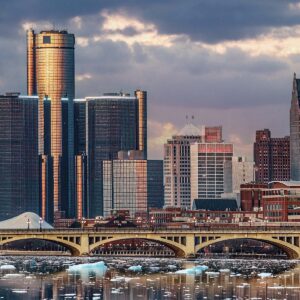 Detroit Riverwalk fine art print with Renaissance Center skyline at morning light
