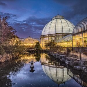 Belle Isle Conservatory reflection fine art print in Detroit with glowing evening lights and pond reflections