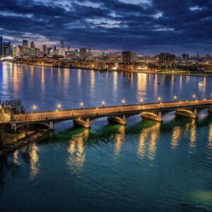 Belle Isle Bridge Detroit skyline night fine art print with glowing reflections and dramatic sky