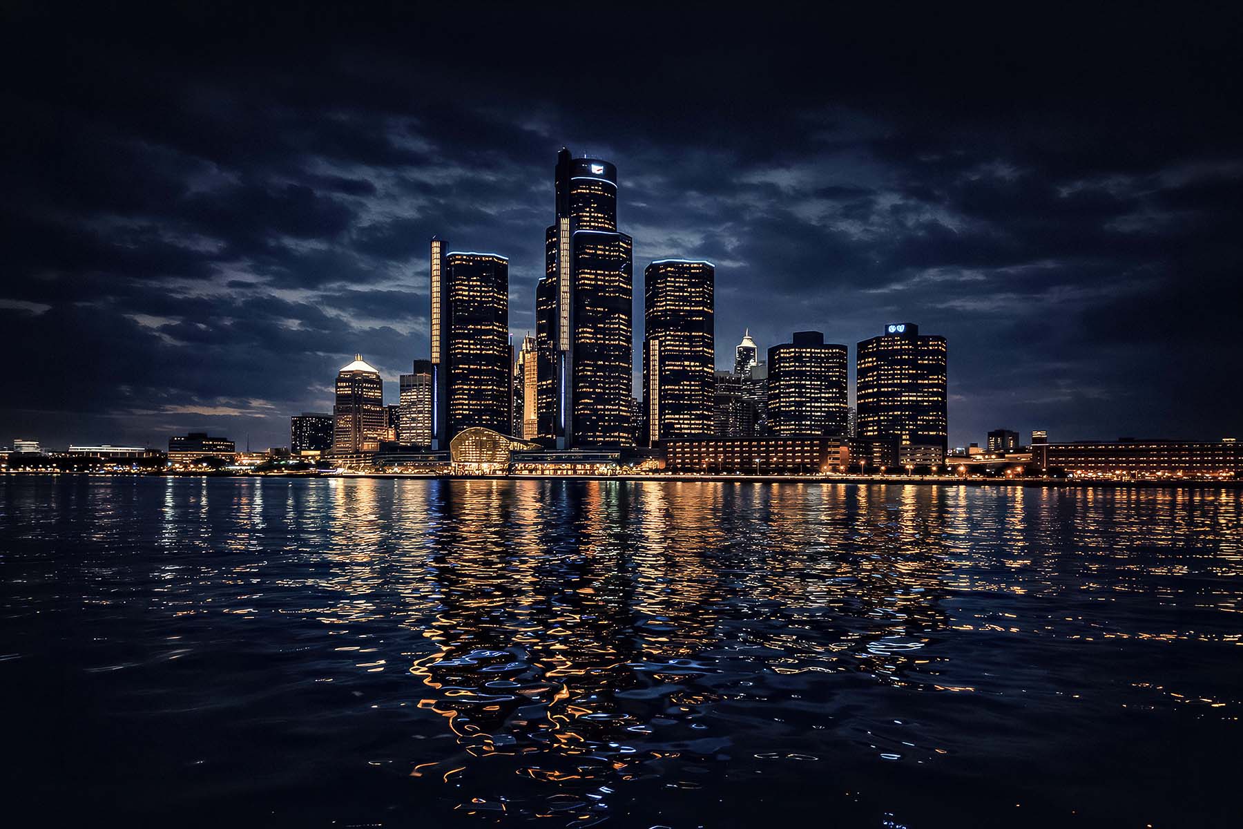 Detroit skyline night reflection wall art