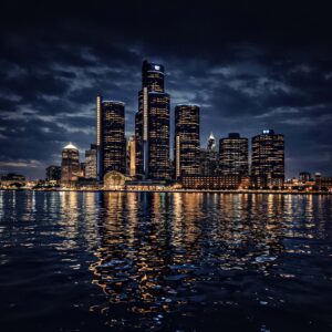 Detroit skyline night reflection fine art print with Renaissance Center lights reflecting on Detroit River