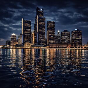 Detroit skyline night reflection canvas wall art with Renaissance Center lights reflecting on Detroit River