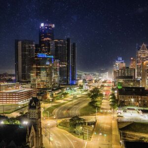 Detroit skyline at night with Jefferson Avenue and Renaissance Center lights